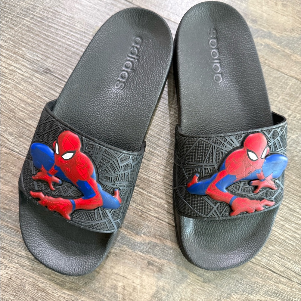 adidas Kids Black Slides with Red and Blue Spider-Man Accent